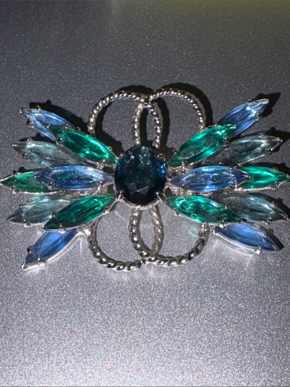 Vintage-Blue Green Marquise Rhinestone Brooch Silvertone